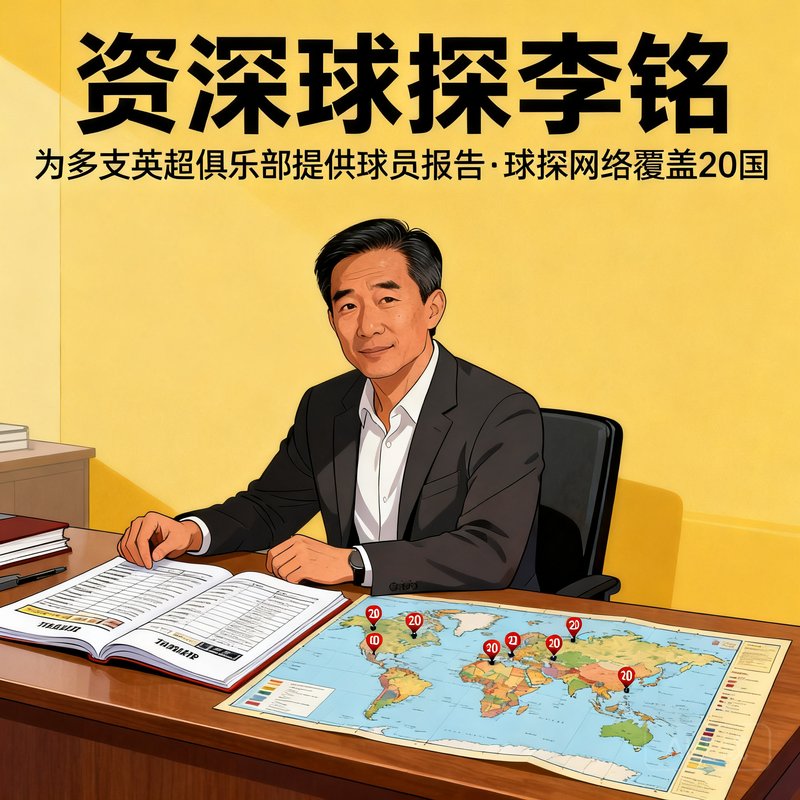 李铭，资深球探，曾为多支英超俱乐部提供球员报告，球探网络覆盖20国